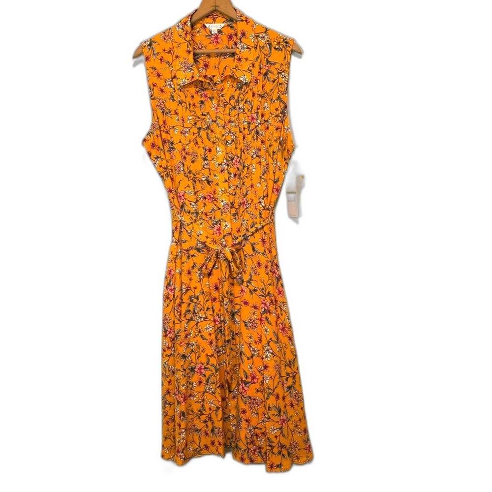 New Nanette Lepore Midi Shirt Dress Medieval Gold Floral Belted Pintuck Size 14
